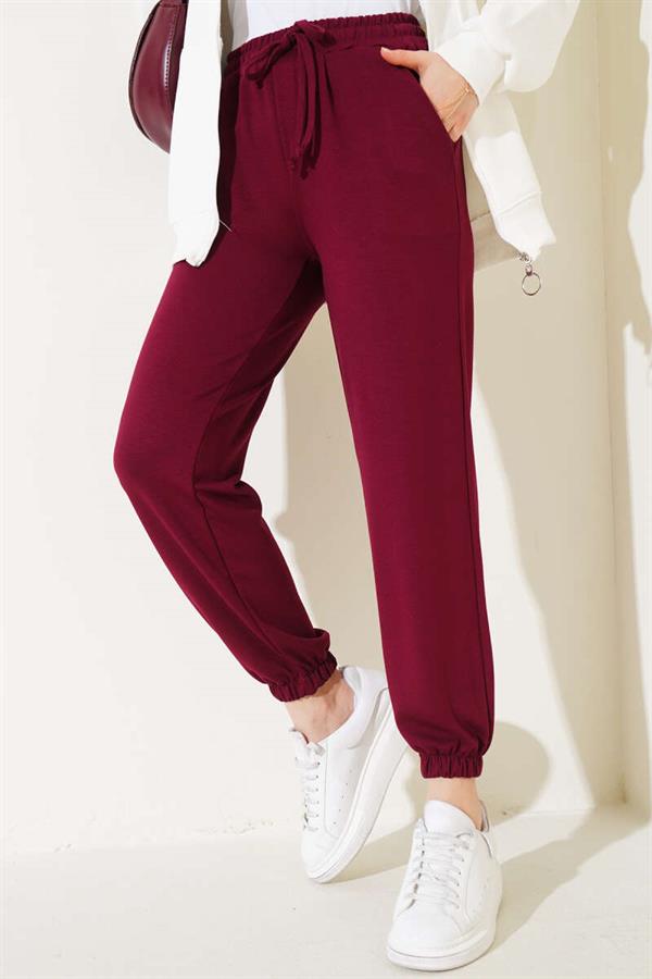 Waist String Elastic Leg Jogger Trousers Claret Red