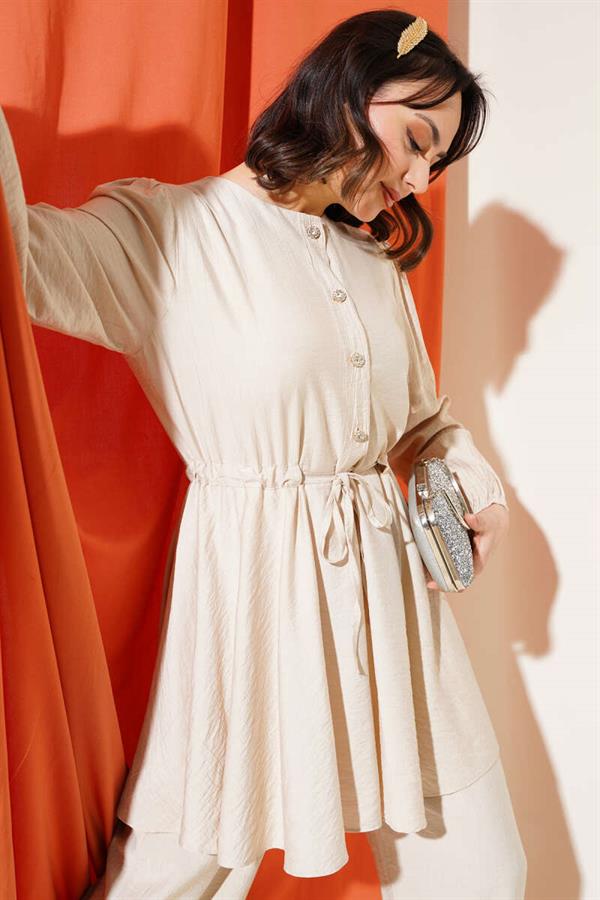 Waist String Stone Button Tunic 2 Piece Set Beige