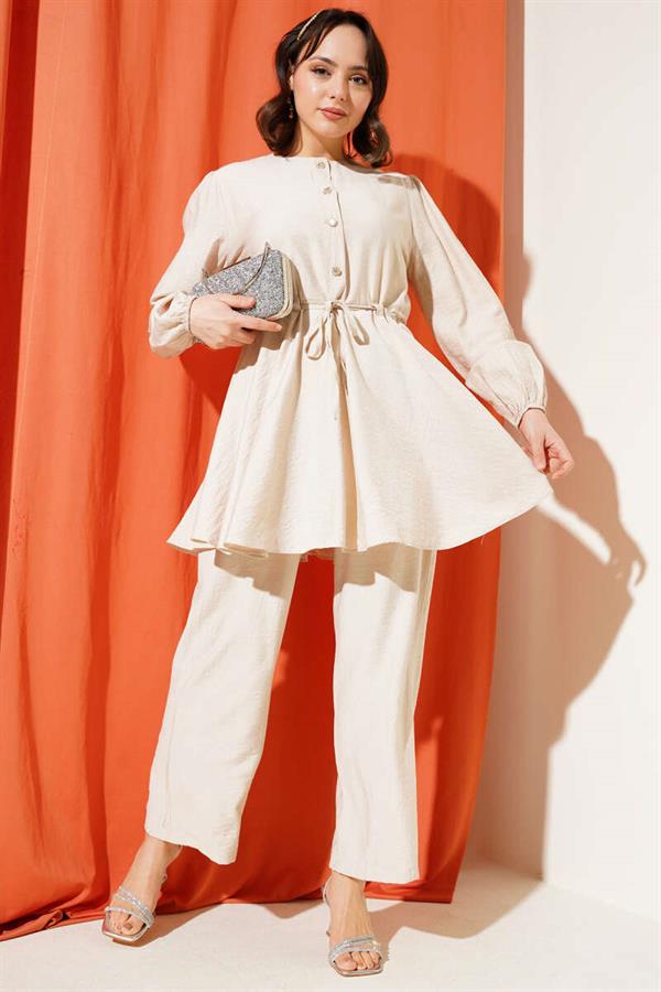 Waist String Stone Button Tunic 2 Piece Set Beige