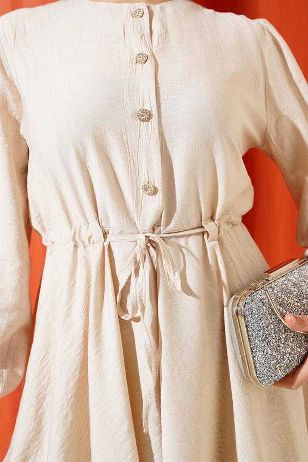 Waist String Stone Button Tunic 2 Piece Set Beige