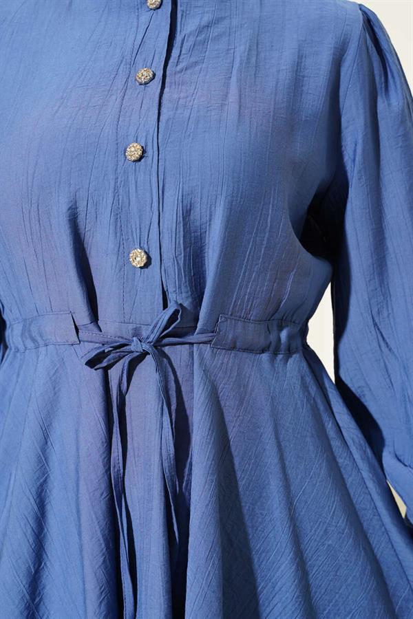 Waist String Stone Button Tunic 2 Piece Set Indigo