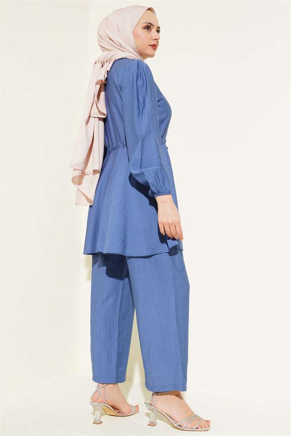 Waist String Stone Button Tunic 2 Piece Set Indigo