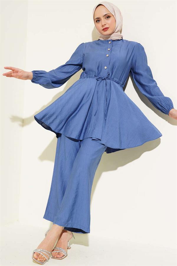 Waist String Stone Button Tunic 2 Piece Set Indigo
