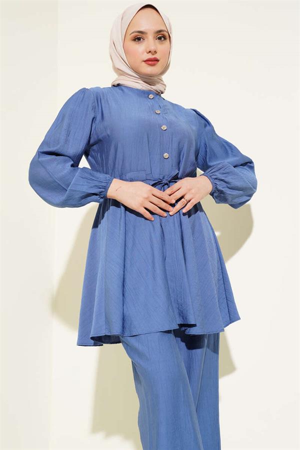 Waist String Stone Button Tunic 2 Piece Set Indigo