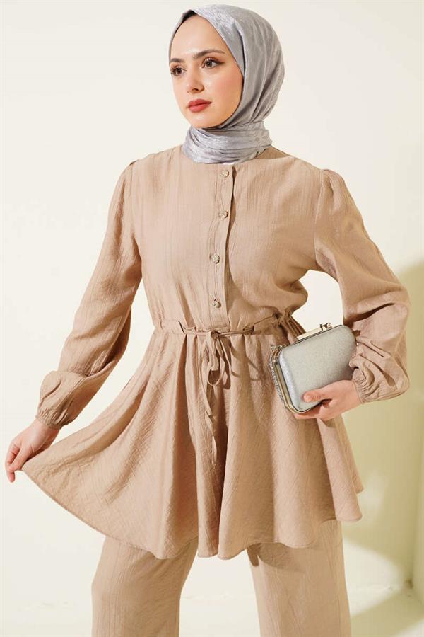 Waist String Stone Button Tunic 2 Piece Set Latte
