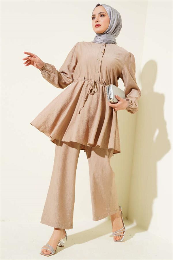 Waist String Stone Button Tunic 2 Piece Set Latte