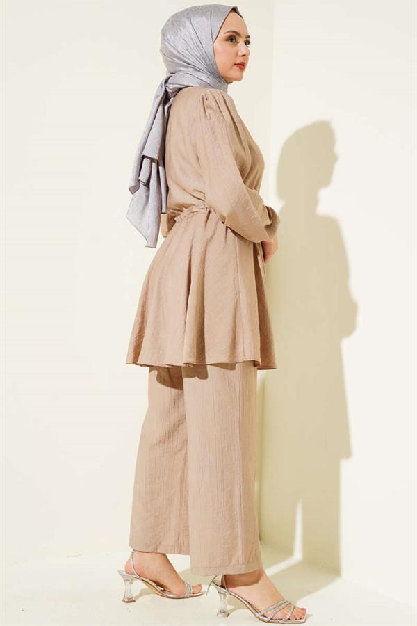 Waist String Stone Button Tunic 2 Piece Set Latte