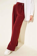 Palazzo Trousers with Waist Belt Buckle Burgundy