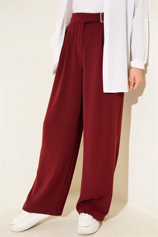Palazzo Trousers with Waist Belt Buckle Burgundy