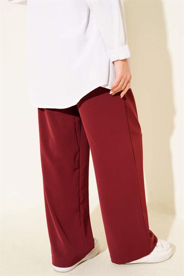Palazzo Trousers with Waist Belt Buckle Burgundy