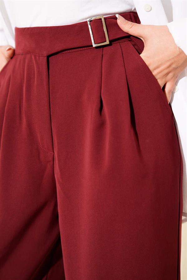 Palazzo Trousers with Waist Belt Buckle Burgundy