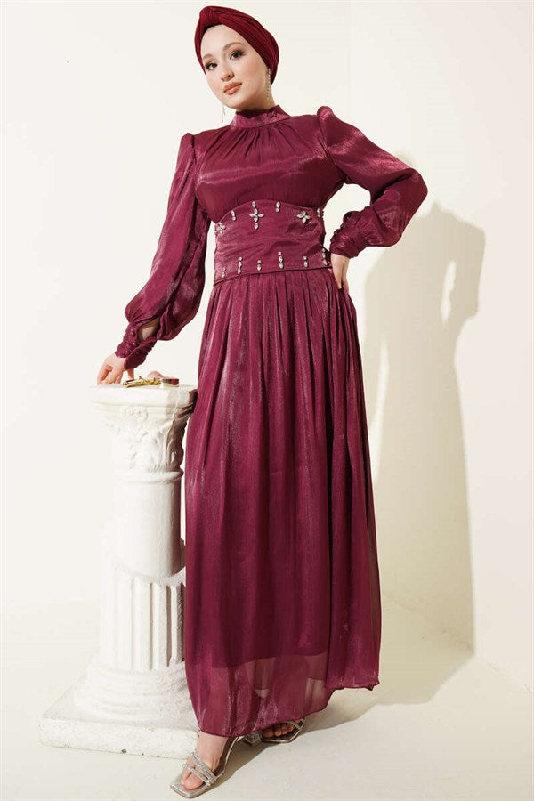 Burgundy Embellished Evening Dress with Waist Corset Detail
