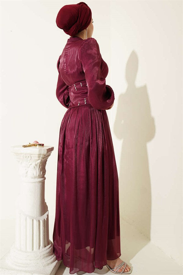 Burgundy Embellished Evening Dress with Waist Corset Detail