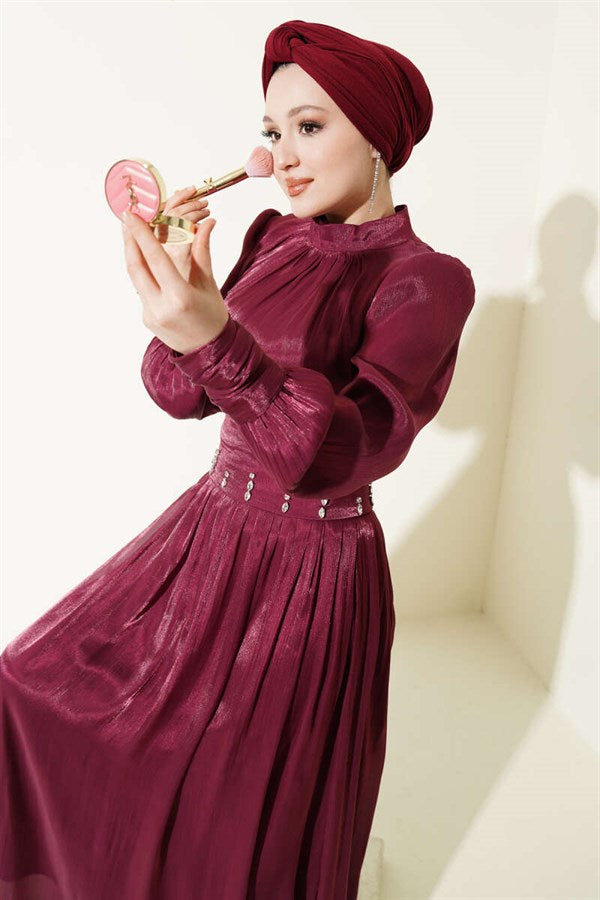 Burgundy Embellished Evening Dress with Waist Corset Detail