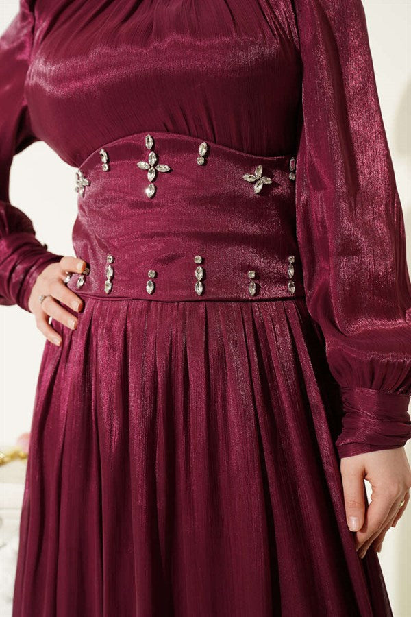Burgundy Embellished Evening Dress with Waist Corset Detail