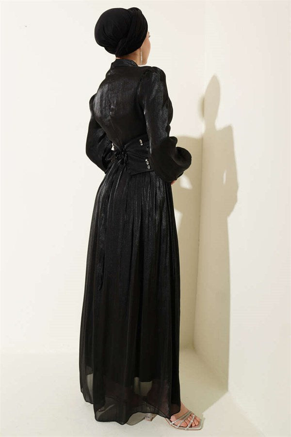 Black Embellished Evening Dress with Waist Corset Detail