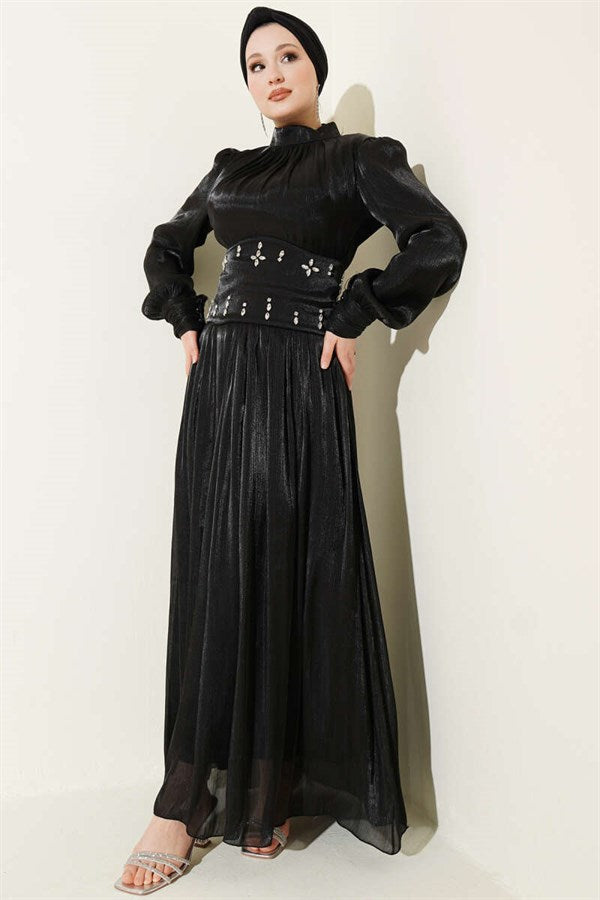 Black Embellished Evening Dress with Waist Corset Detail