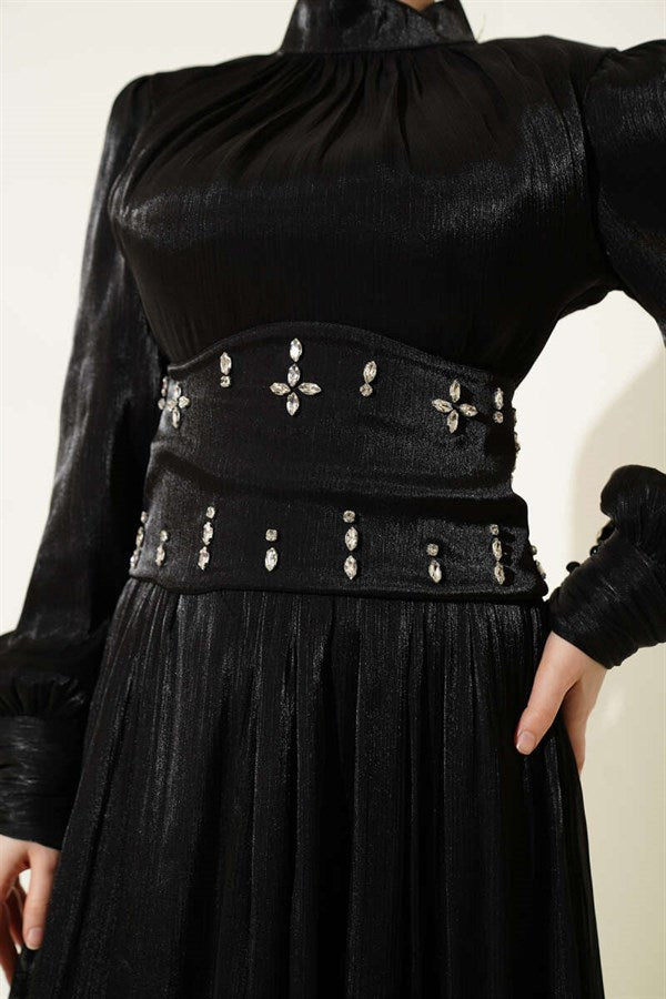 Black Embellished Evening Dress with Waist Corset Detail