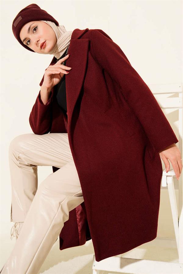 Waist Belted Lined Cashmere Coat Burgundy