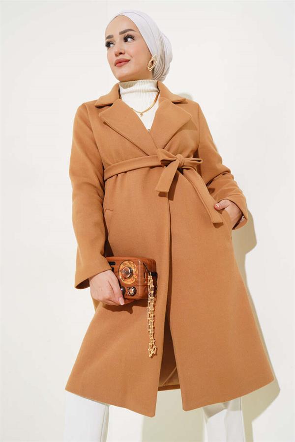 Waist Belted Lined Cashmere Coat Camel