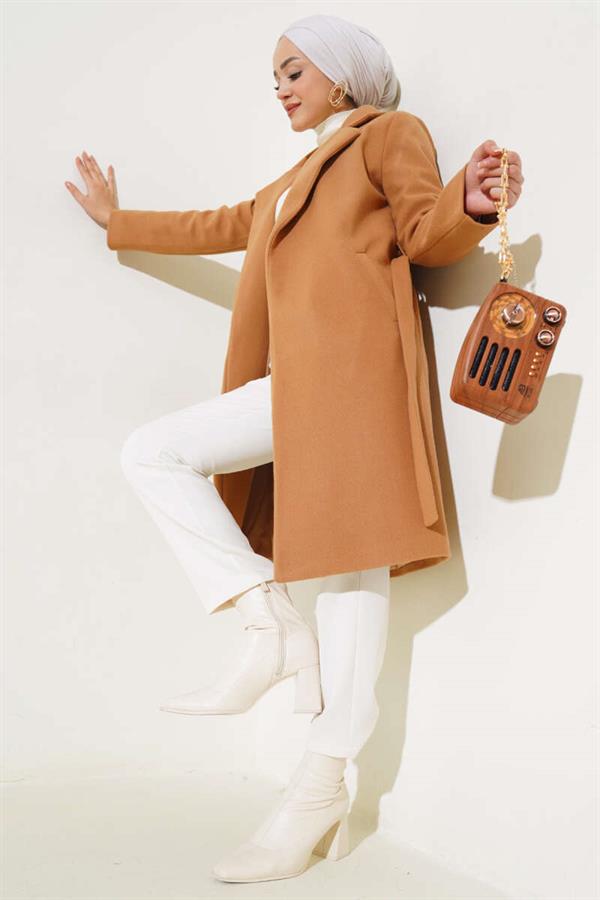 Waist Belted Lined Cashmere Coat Camel