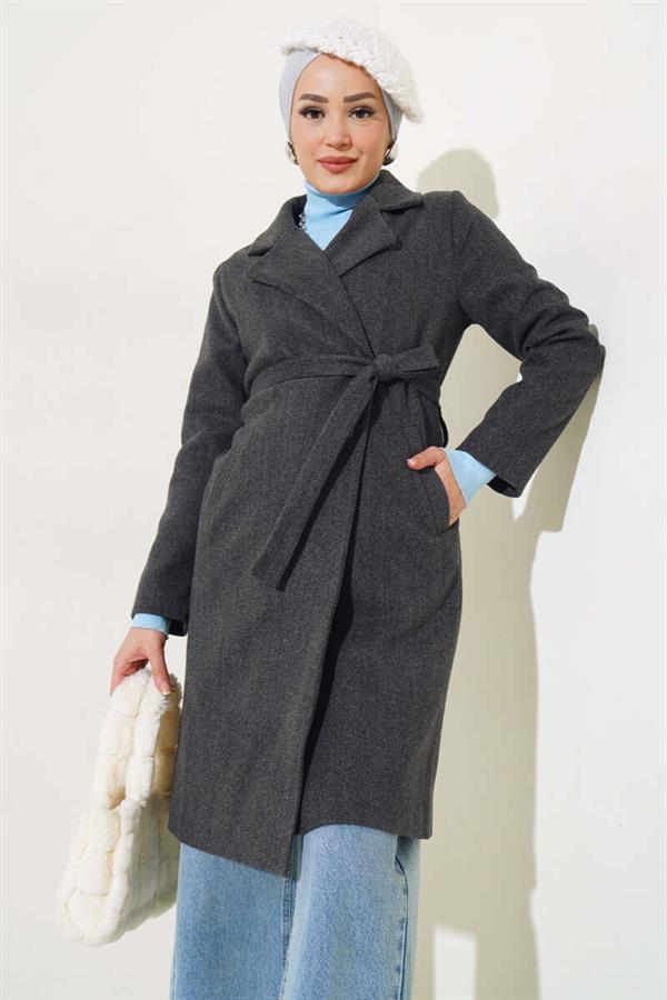 Waist Belted Lined Cashmere Coat Smoke