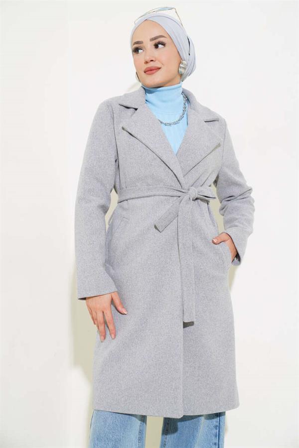 Waist Belted Lined Cashmere Coat Gray