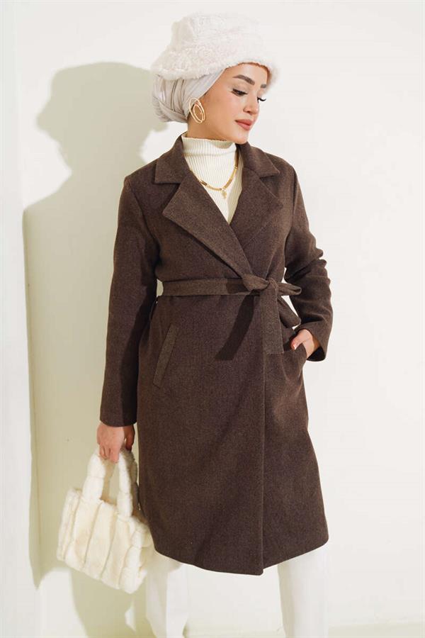 Waist Belted Lined Cashmere Coat Brown