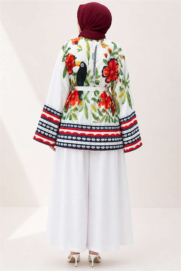 Belted Floral Patterned Tunic, Ecru