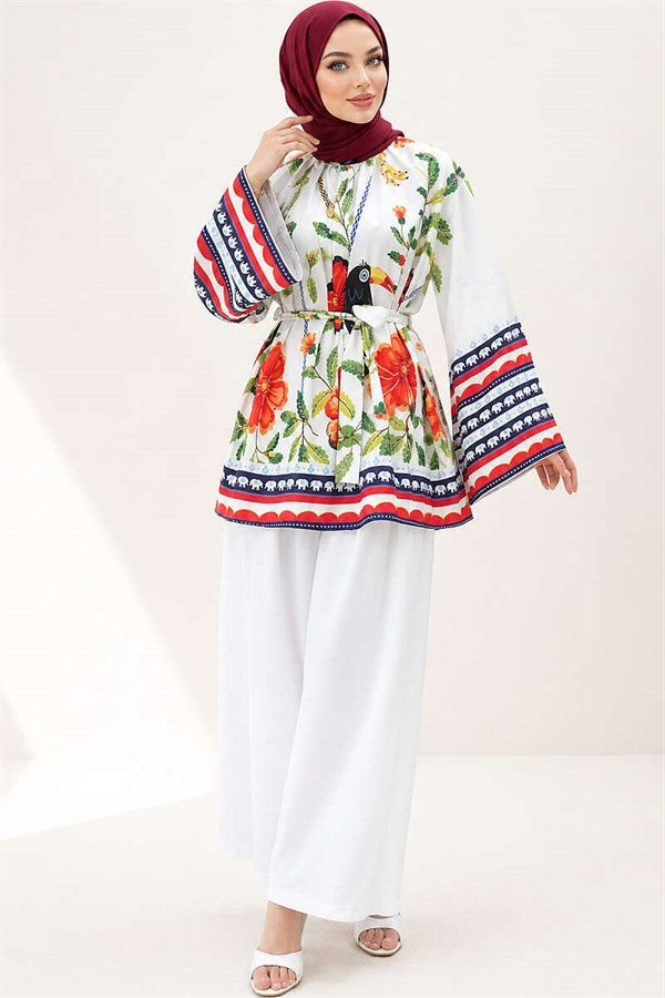 Belted Floral Patterned Tunic, Ecru