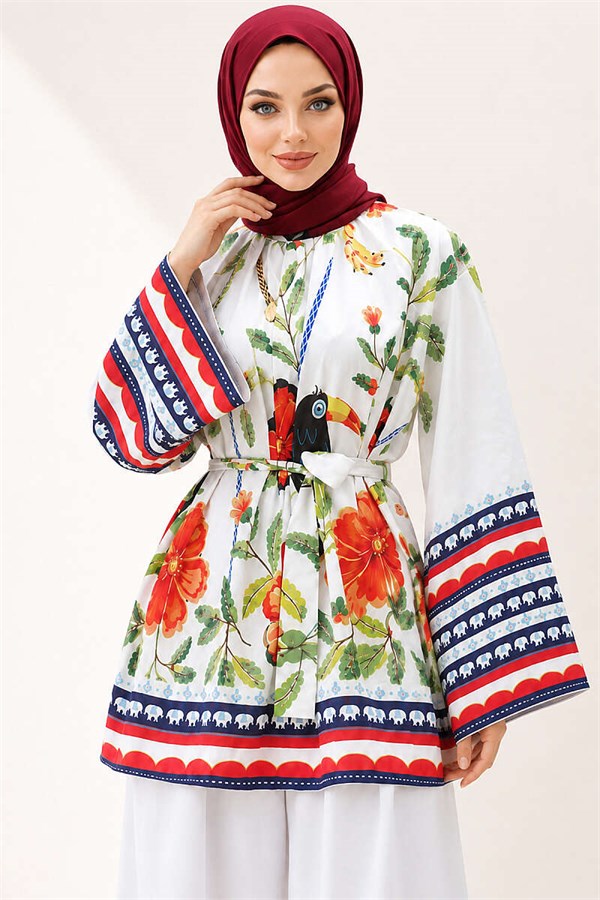 Belted Floral Patterned Tunic, Ecru
