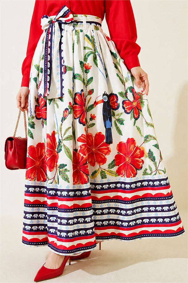 Belted Skirt with Floral Detail, Ecru