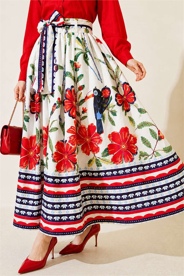 Belted Skirt with Floral Detail, Ecru