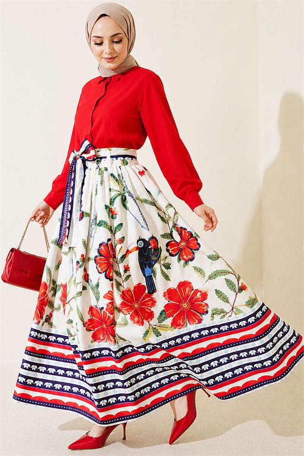 Belted Skirt with Floral Detail, Ecru