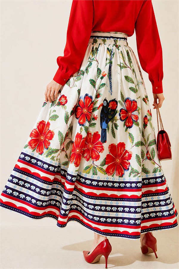 Belted Skirt with Floral Detail, Ecru