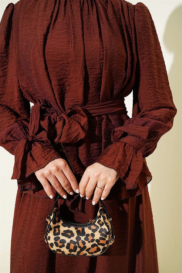 2 Piece Set with Belted Skirt in Coffee Brown