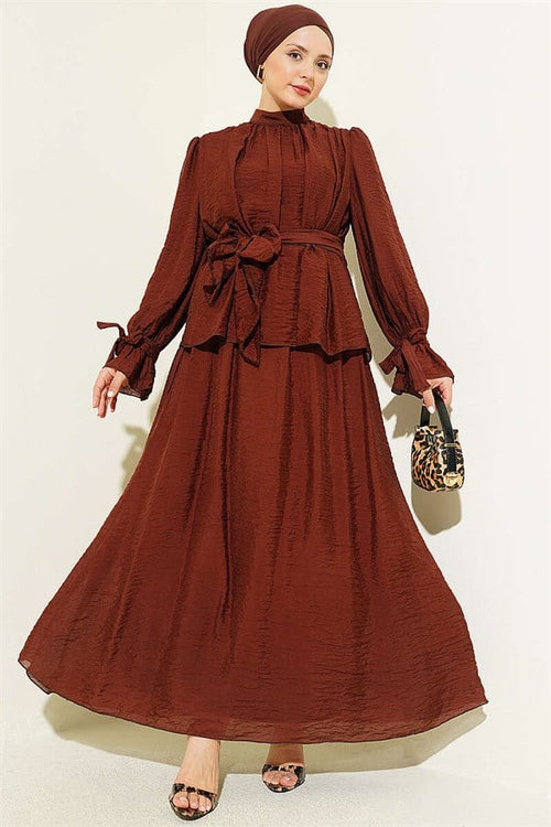 2 Piece Set with Belted Skirt in Coffee Brown