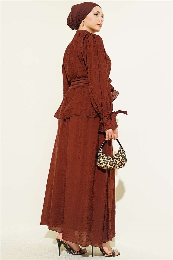 2 Piece Set with Belted Skirt in Coffee Brown