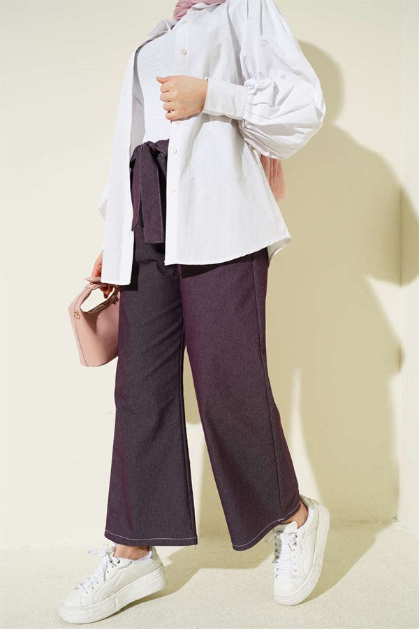Waistband Elastic Trousers, Plum