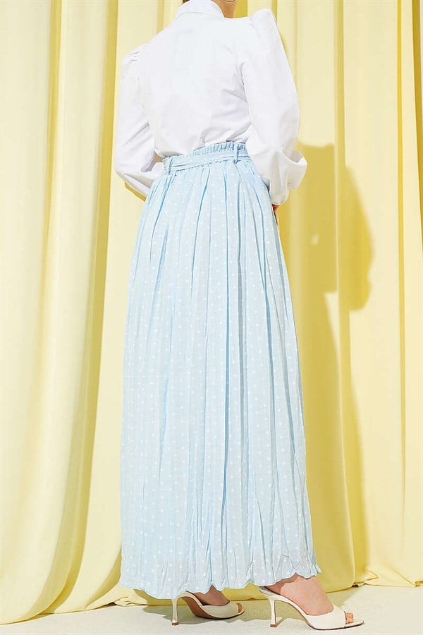 Belted Polka Dot Pleated Skirt Baby Blue