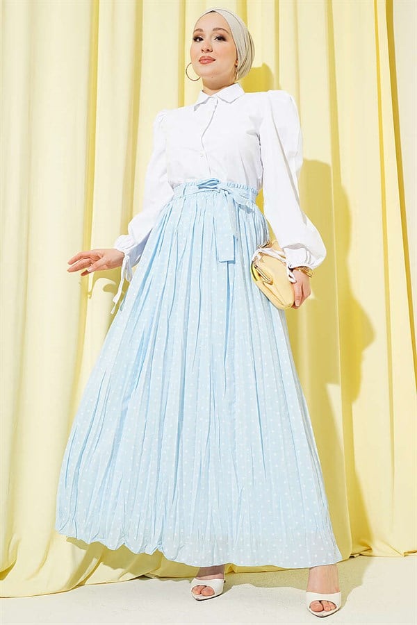 Belted Polka Dot Pleated Skirt Baby Blue
