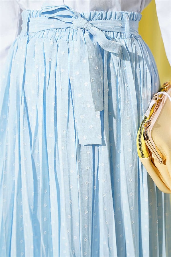 Belted Polka Dot Pleated Skirt Baby Blue
