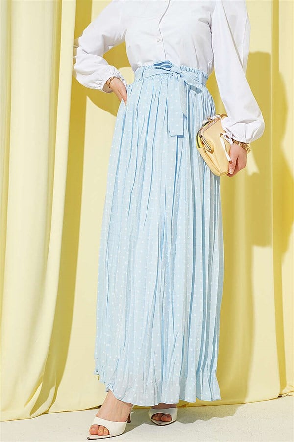 Belted Polka Dot Pleated Skirt Baby Blue