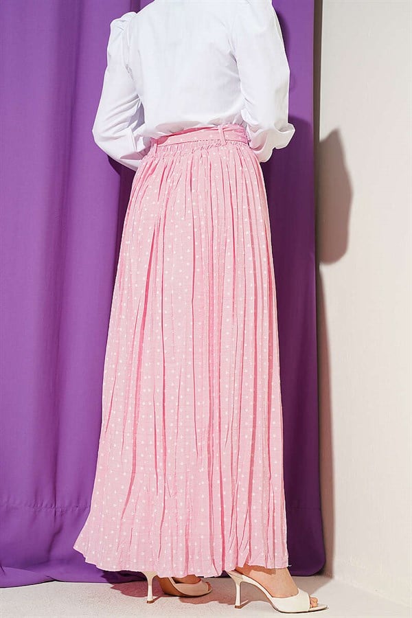 Pink Polka Dot Pleated Skirt with Belt