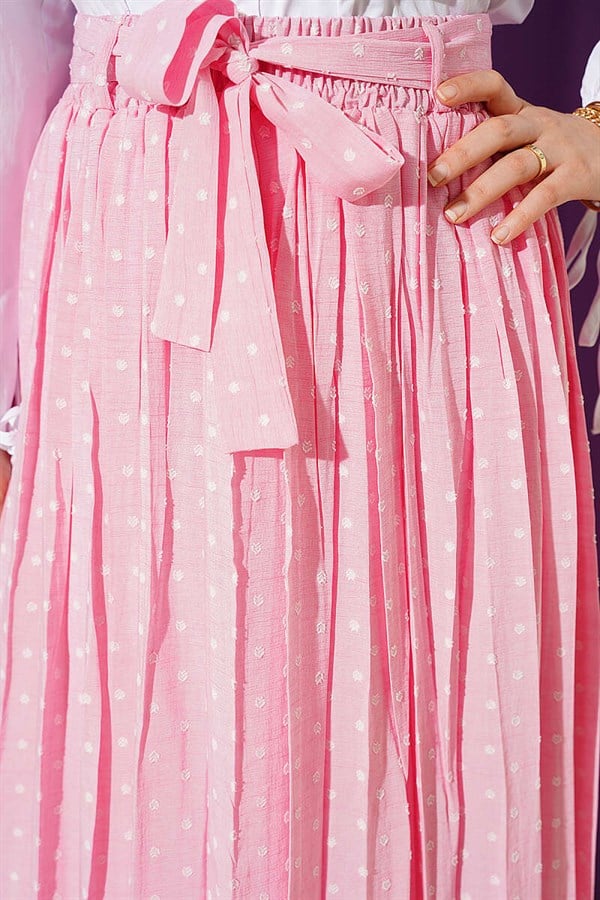 Pink Polka Dot Pleated Skirt with Belt