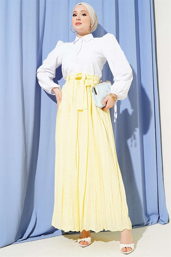 Yellow Polka Dot Pleated Skirt with Belt