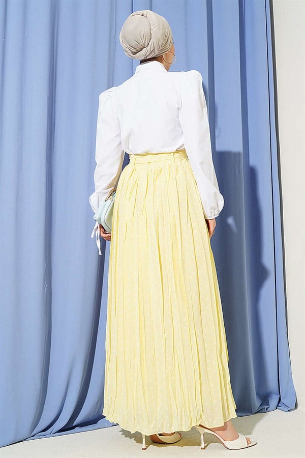 Yellow Polka Dot Pleated Skirt with Belt