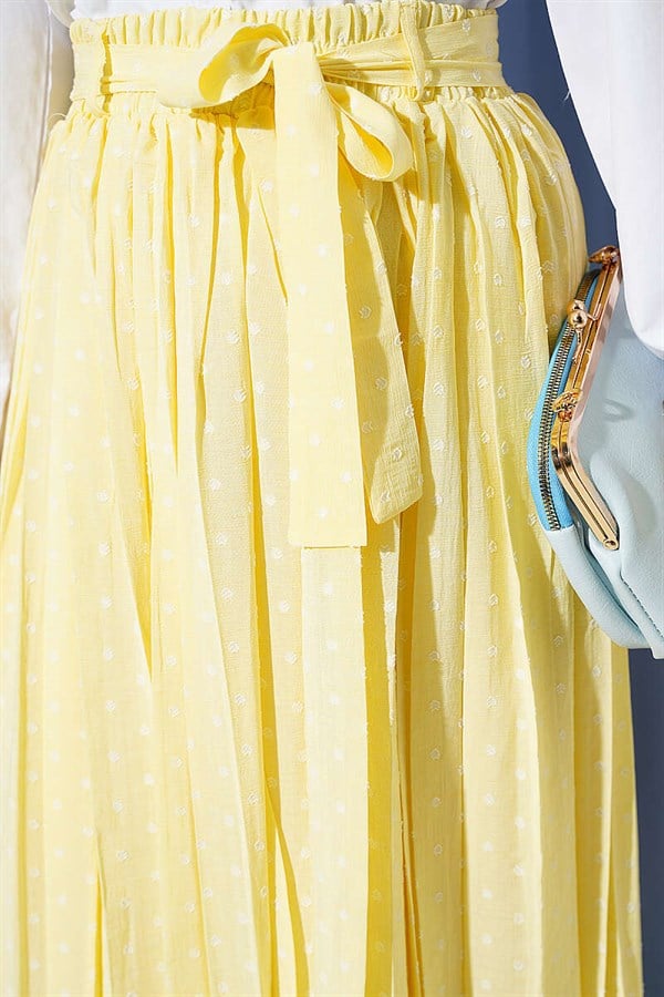 Yellow Polka Dot Pleated Skirt with Belt