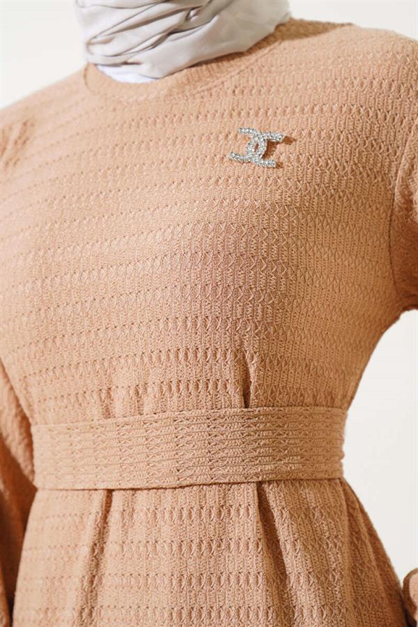 Waist Belted Flounce Dress Latte