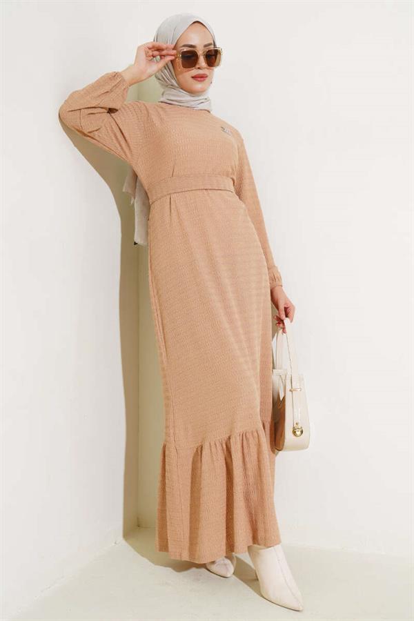 Waist Belted Flounce Dress Latte